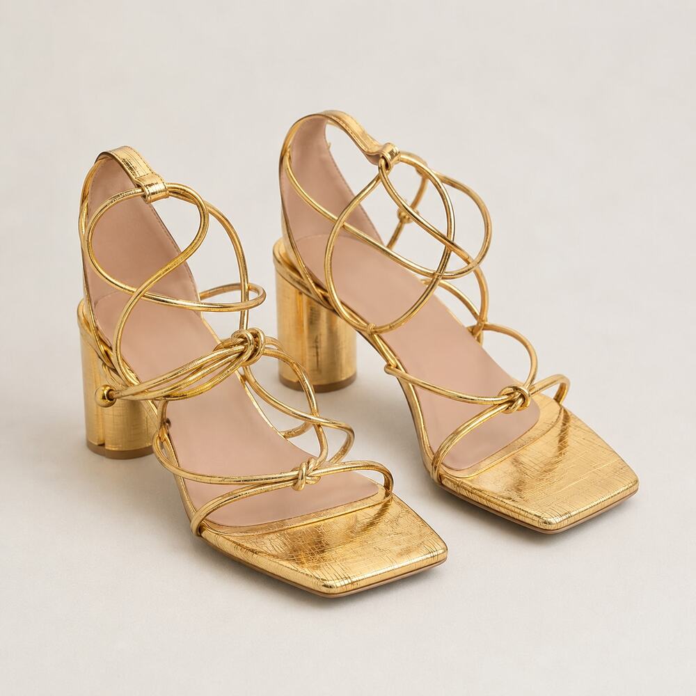 New Gold Strappy Heels • Square Block Heel • Women’s US 5.5–6 (EU 36)
